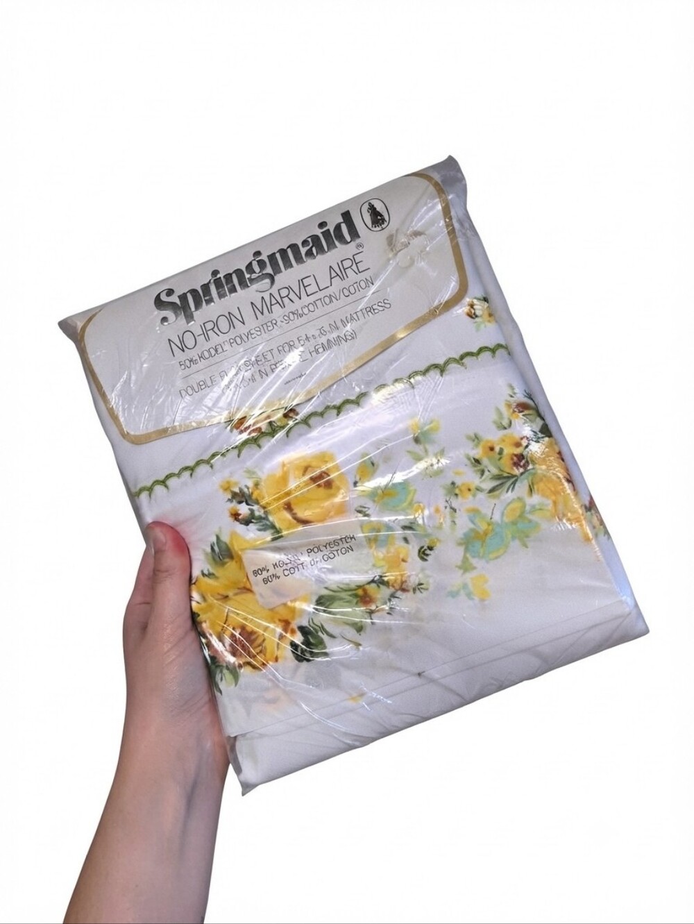 Vintage NOS Springmaid Marvelaire Double Flat Sheet Yellow Rose Floral Lemon Sca